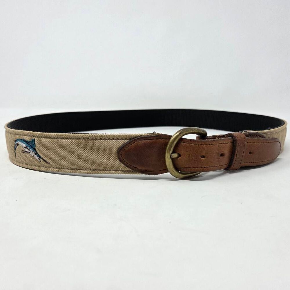 BATES WEB LEATHER BELT BROWN KHAKI HEAVY DUTY BRASS MARLIN FISHING MENS SIZE 36